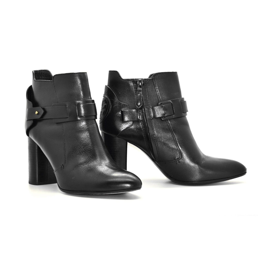 C0 Auth TORY BURCH Colton Galleon Black Leather Logo Back Ankle Boots Sz 9 M